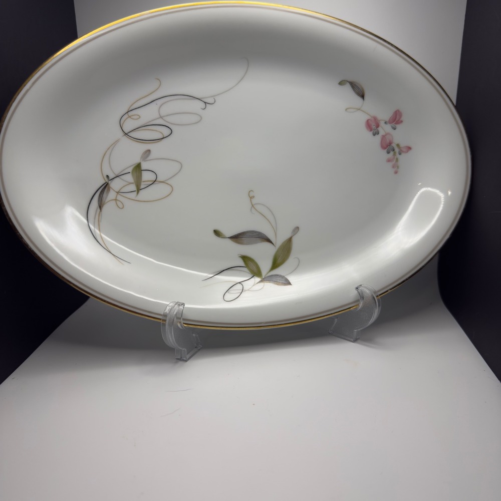 Noritake RC Japan 1389 Oval Serving Platter Floral Gold Trim Whte Porcelain 12in